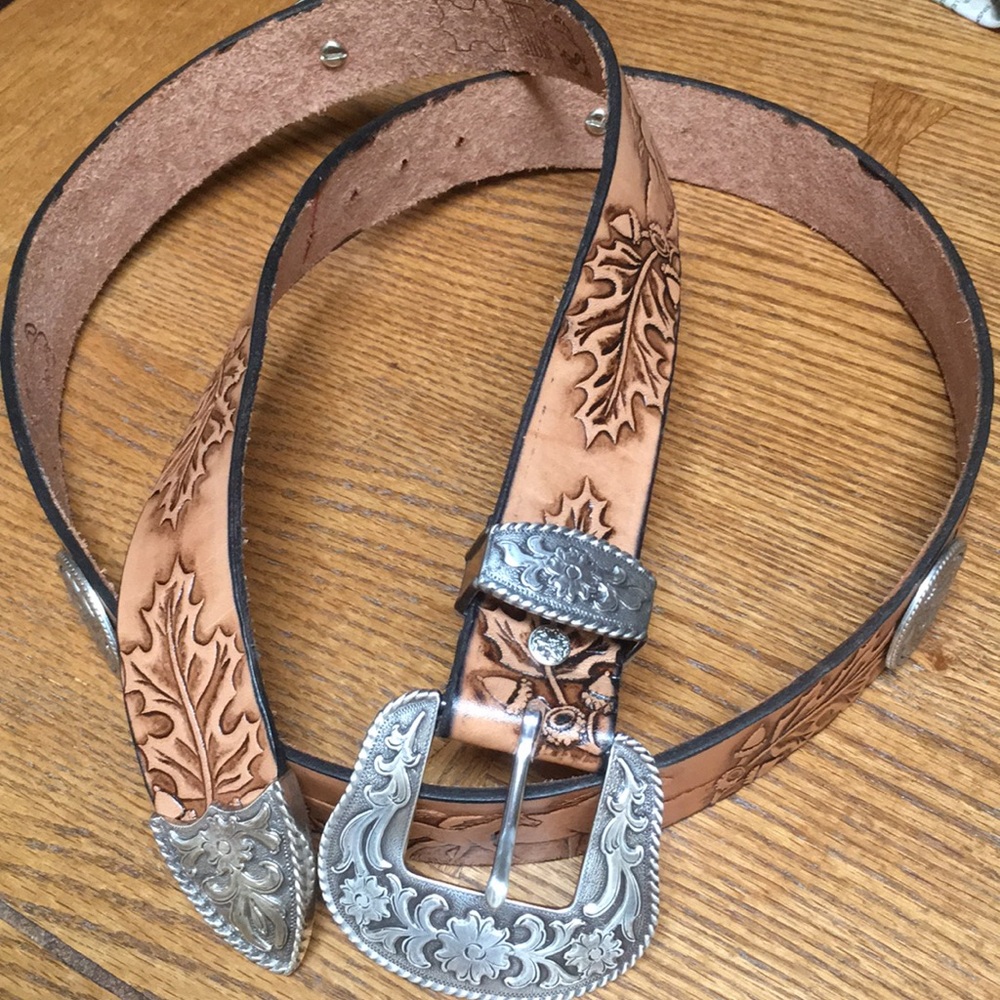 Tooled Leather Western Belt with Floral Silver Buckle - Tan
